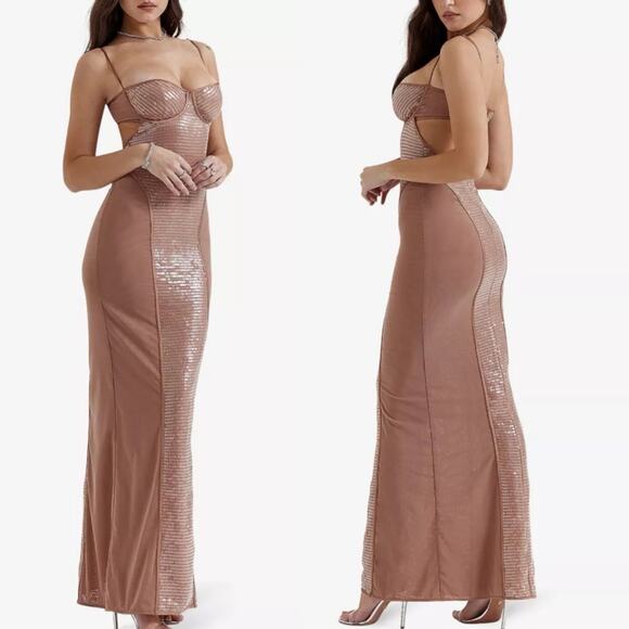 House of CB Dresses & Skirts - NWT House of CB Bonita Sequin Open Back Gown in Cafe Au Lait Sz Small